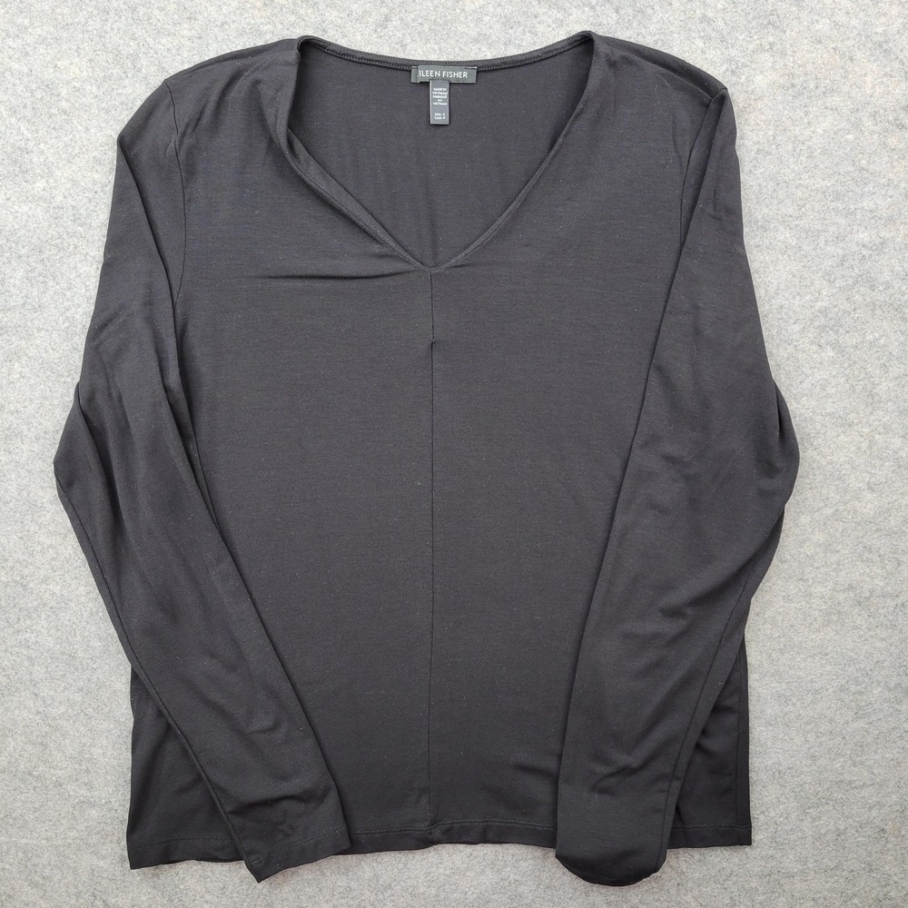 Eileen Fisher Shirt Womens Small Black Long Sleeve V Neck Tencel Jersey Top
